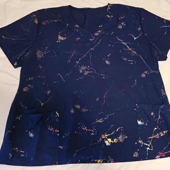 Dark blue w/ iridescent splatter design scrubs top - 2XL - Picture 1 of 1